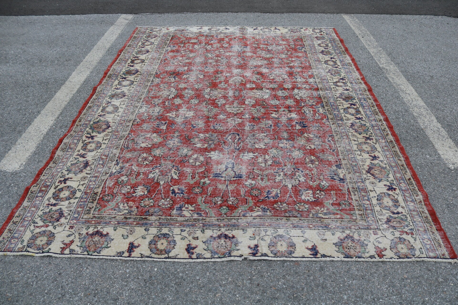 Vintage Rug, Large Carpet, Turkish Rug, Oushak Carpet, 84x117 inches Red Rug, Handmade Bedroom Rugs, Organic Oversize Rugs,  4157