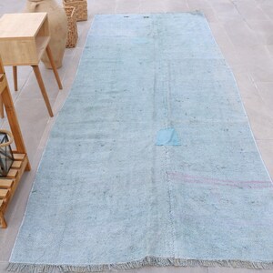 Turkish Vintage Rug 4.2x10.5 ft (128x320 cm), Oushak Blue Red Patchwork Rug