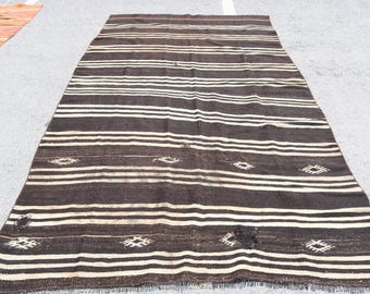 5.9x11 ft Turkish Kilim Rug, Vintage Rug, Brown Solid Wool Rug