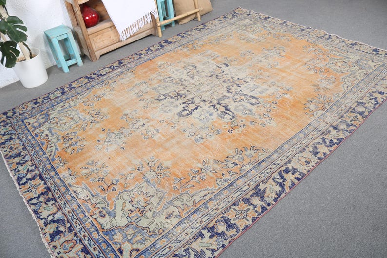 Vintage Rug, Turkish Rug, 7x10 Large Rug, Muted Oushak Rug, Rugs for