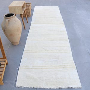 Turkish Vintage Rug, Runner 2.9x11.1 ft (88x338 cm) Rug, White Bordered Wool Rug