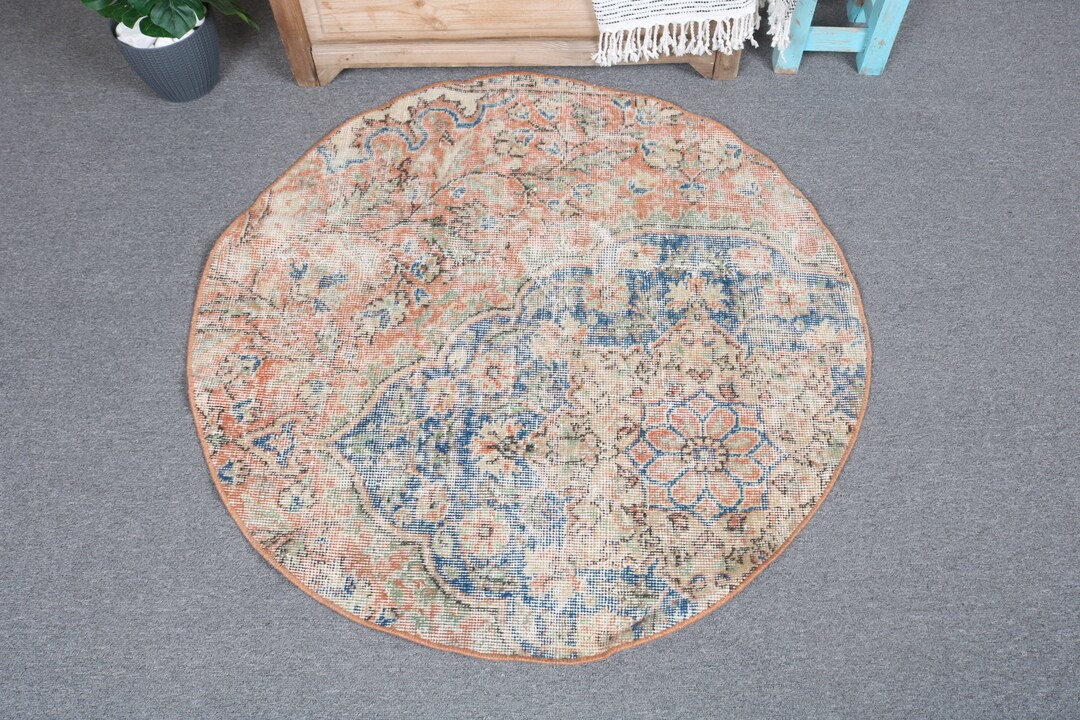 Vintage Turkish Rug, 3.3x3.3 Ft Rug, Blue Plants & Trees Wool Rug - Etsy