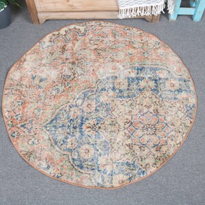 Vintage Rug, Round Rug, Turkish Rug, Small Rugs, Door Mat Rugs, Rugs For Entry, 3.3x3.3 ft Blue Rug, Faded Oushak Rug, Small Wool Rug,  7615