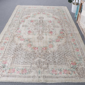 Turkish Rug, Vintage Rug, 6x9 Large Rug, Oushak Rugs, Rugs For Bedroom, 5.8x9.3 ft Beige Rug, Authentic Vintage Turkish Rug, Large Wool Rug,