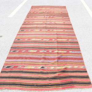 Vintage Turkish Runner 4x12ft, Colorful Striped Design, Unique Handwoven Carpet, Rustic Decor, Bohemian Style Rug