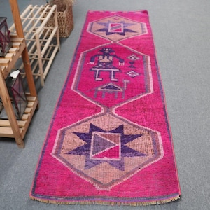 Vintage Turkish Runner Rug 3x9ft Pink Wool