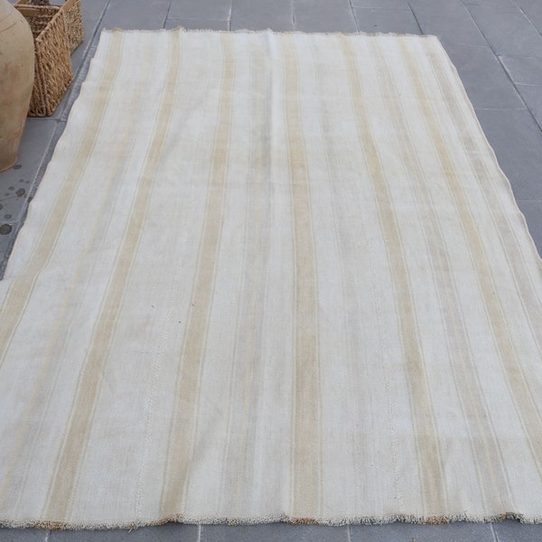 Striped Kilim, Hemp Rug,  5.2x7.7 ft  Turkish Rug, Antibacterial Rug, Organic Rug, Kilim Rug, Original Rug, White Kilim, Decor Kilim, 635