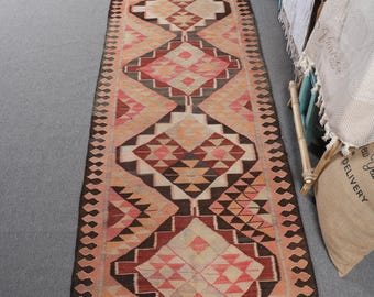 Vintage Turkish Runner Rug 3x10.5 ft, Kilim Red Wool Rug