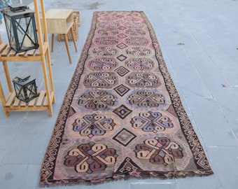 Aztec Kilim, Turkish Kilim, 3.7x14.5 ft, Vintage Kilim, Runner Kilim, Hallway Kilim, Antique Kilim,Organic Kilim, Handmade Kilim, 1578