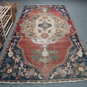 Vintage Turks tapijt, 5 x 9,8 ft, rood groot patchwork vloerkleed