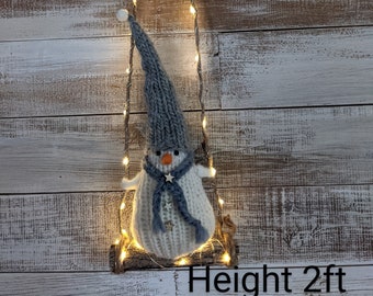 Swinging Snowman - Hand Knitted Snowman - Holiday Snowman Decor - Lighted Snowman - Christmas Decor with light - Christmas Snowman