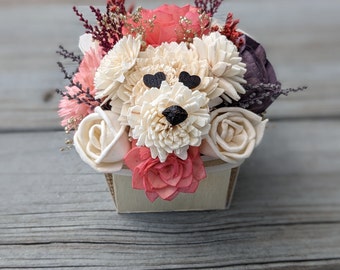 Small Flower Dog, Valentine&#39;s Day Arrangement, Flower Cat, Flower Teddy Bear, Sola Wood Flower Arrangement, Fall Flower Dog, Holiday Gift