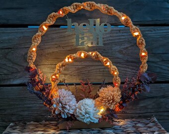 Fall Mantel Decor  with Lights- Thanksgiving Decoration - Lighted Fall Decor - Fall Table Wreath - Macrame Table Decoration - Macrame Wreath