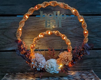 Fall Mantel Decor  with Lights- Thanksgiving Decoration - Lighted Fall Decor - Fall Table Wreath - Macrame Table Decoration - Macrame Wreath