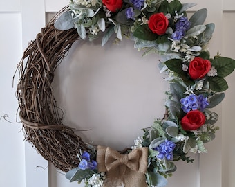 Front Door Wreath - Memorial Day Wreath - 4th of July Wreath - Patriotic Wreath - Summer Wreath -  Lambs Ear Wreath - Farmhouse Wreath