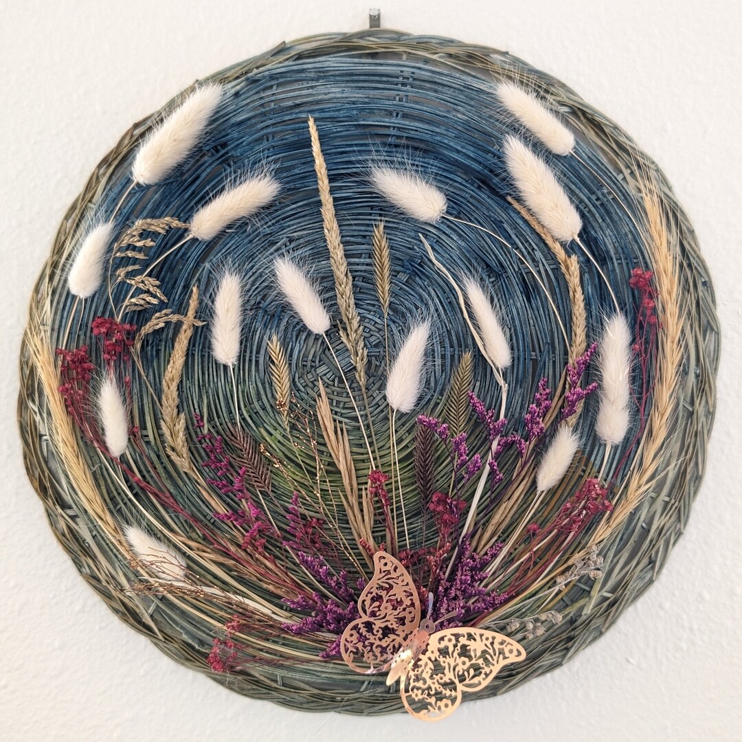 Dried Floral Wall Art, Wall Basket Decor, Butterfly Decor, Wood Flower
