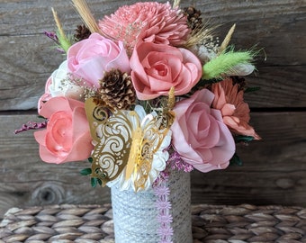 Wood Flower Arrangement, Upcycled Tin Can Decor, Mother&#39;s Day Arrangement, Wood Flower Bouquet, Denim Flower Decorations, Spring Flowers