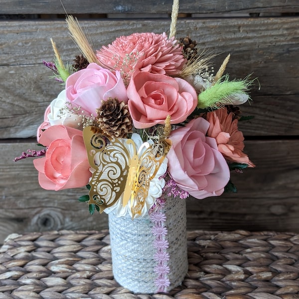 Wood Flower Arrangement, Upcycled Tin Can Decor, Mother's Day Arrangement, Wood Flower Bouquet, Denim Flower Decorations, Spring Flowers