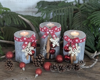 Rustic Pine Wood Candle Holder Set: Shou Sugi Ban Style, Handmade Christmas Decor