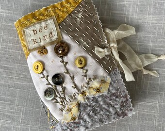 Bee Kind - Medium Slow Stitched, Hand Stamped - Handmade Journal
