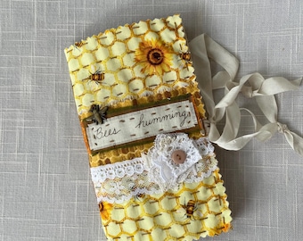 Bees Humming  - Slow Stitched, Hand Stamped - Handmade Journal