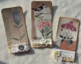 Three Floral and Laces Journal Cards - Ephemera - Embellishments - Junk Journal - Scrapbooking- Memories - Document