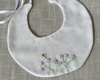 Bee Kind - Hand Embroidered Baby Bib - Infant - Bee and Flowers