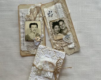 Mini Paper Journal and Two Journaling Cards - Buttons and Lace Collaged Design -