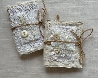 Two Handmade Mini Paper Journals - Buttons and Lace Collaged Design - Wedding Vow Journals