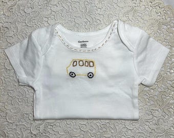 Back to Books - Hand Embroidered Baby Onesie - 12 months - School Bus