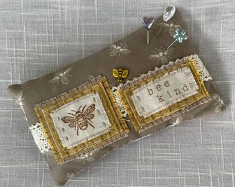 Bee Kind Pincushion - Hand Stamped - Walnut Shell Filled