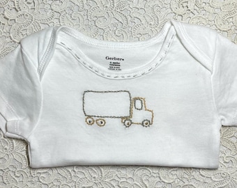 Hand Embroidered Baby Onesie - 12 months - Tractor Trailer Truck
