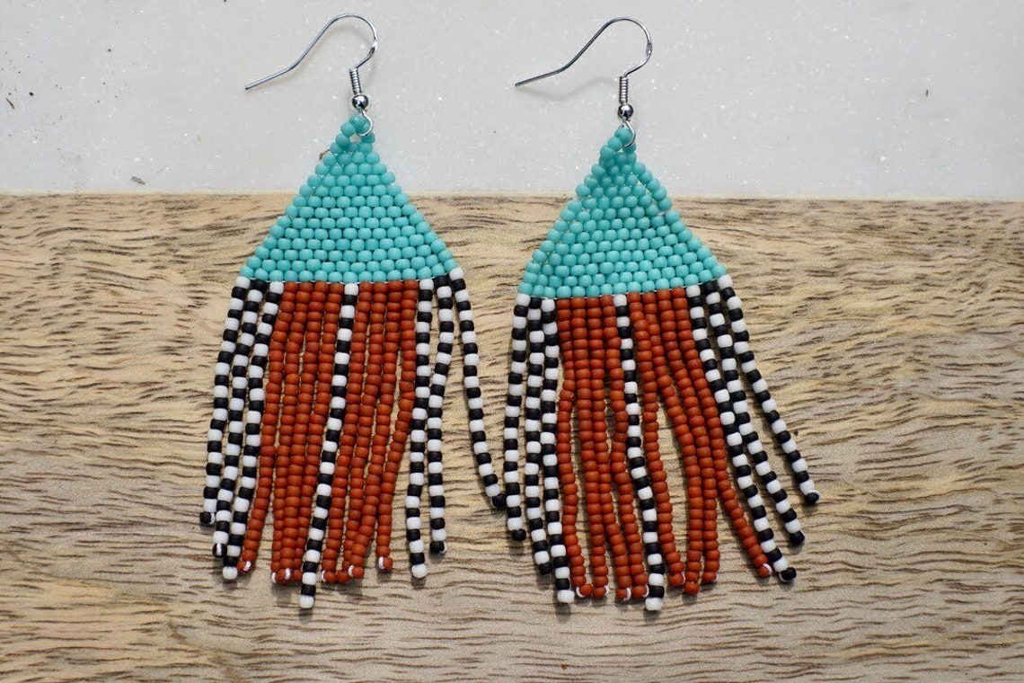 Chandelier Fringe Woven Seed Bead Earrings in Turquoise Etsy