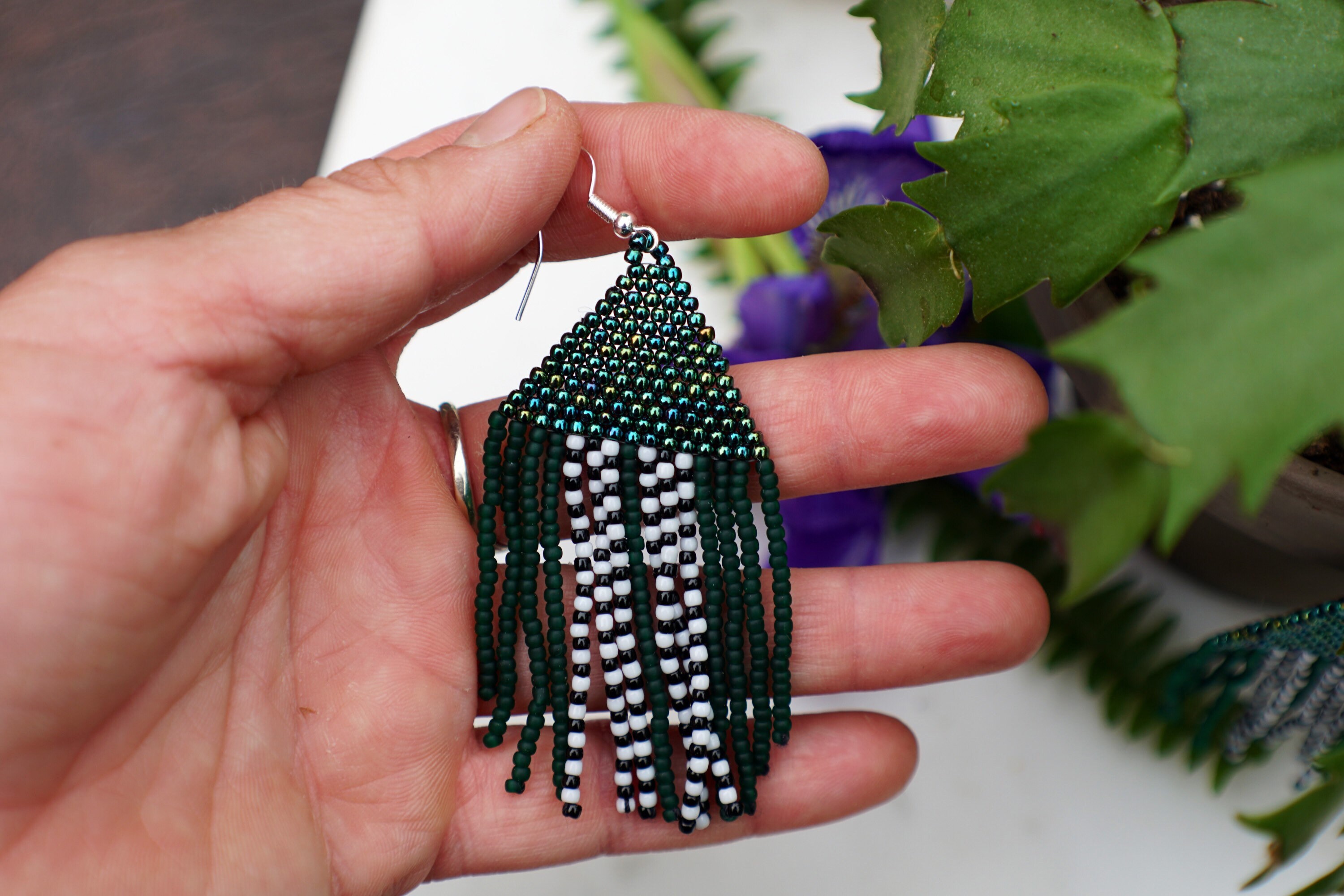 Chandelier, Fringe, Woven Seed Bead Earrings in Greens Etsy Singapore