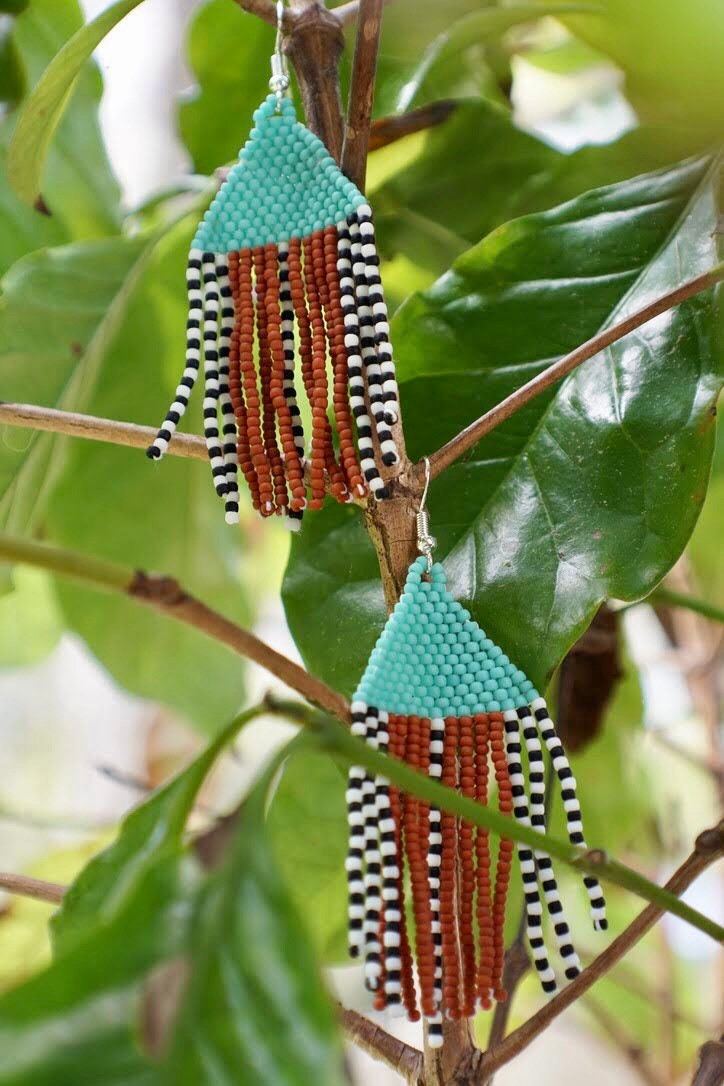 Chandelier Fringe Woven Seed Bead Earrings in Turquoise Etsy