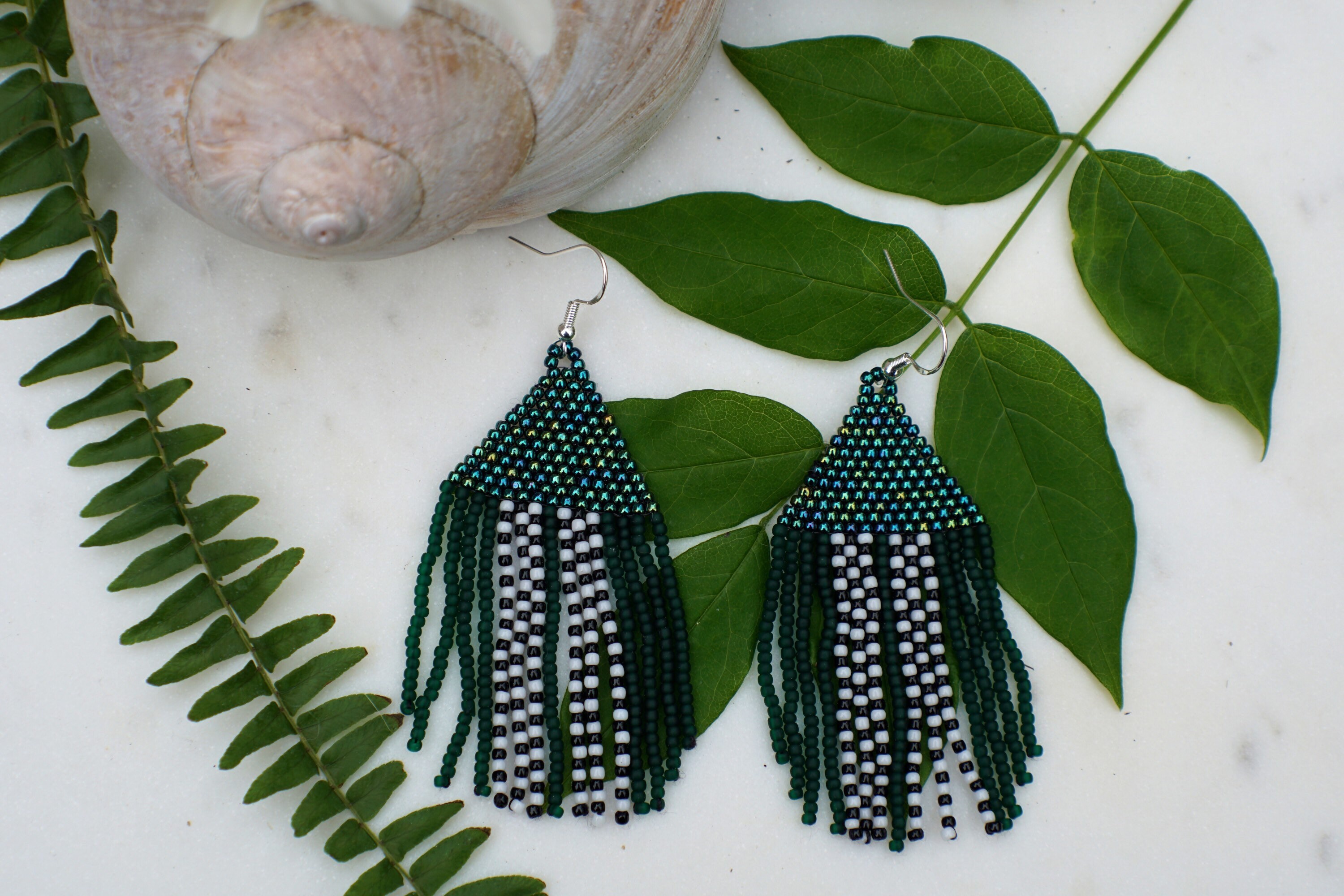 Chandelier, Fringe, Woven Seed Bead Earrings in Greens Etsy Singapore