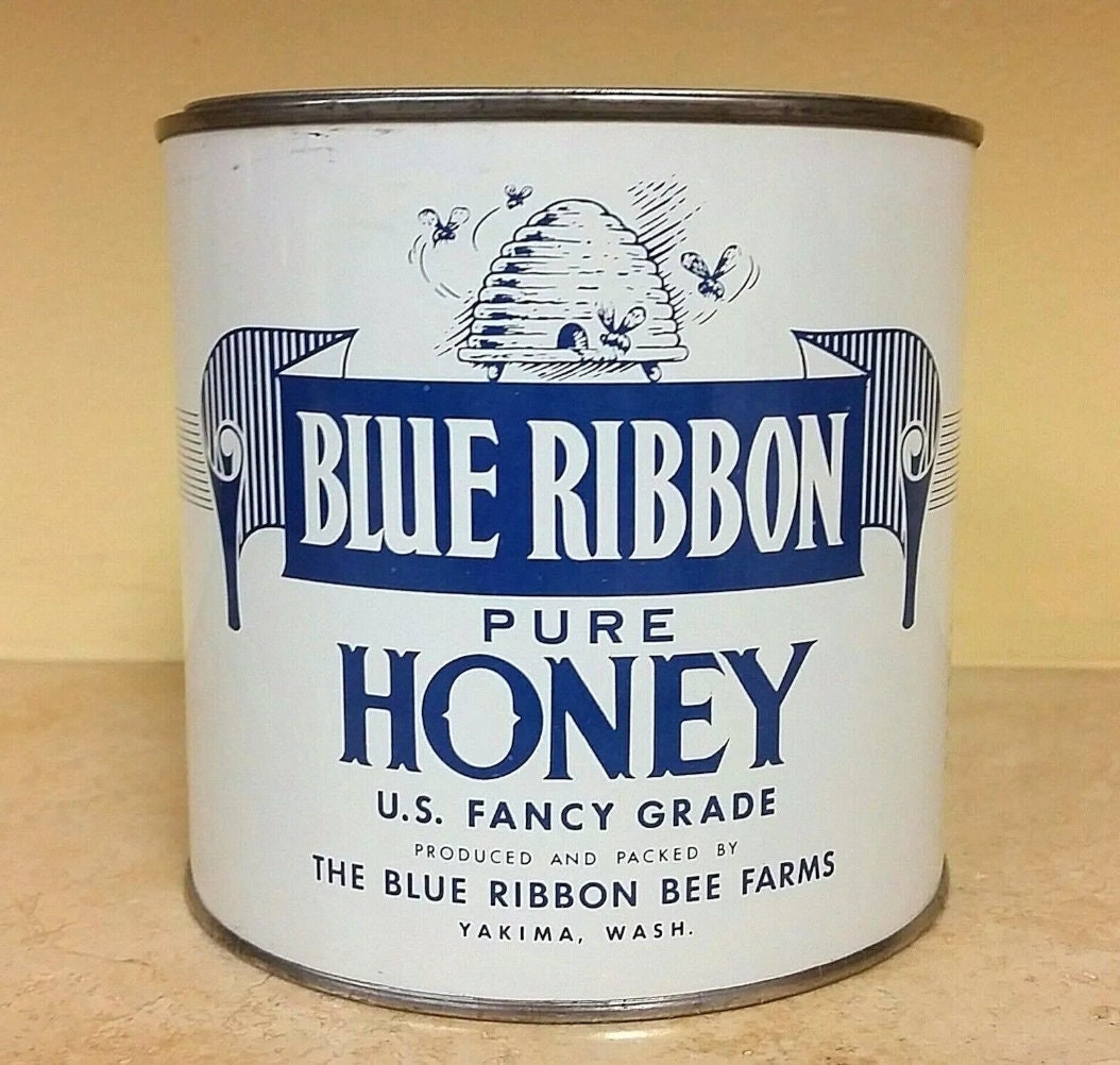 Vintage Honey Can ~ Blue Ribbon Bee Farm ~ 1966 NOS/UNUSED