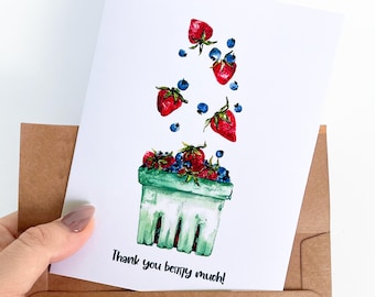Berry Basket Watercolor Greeting Card: Thank You, Miss You