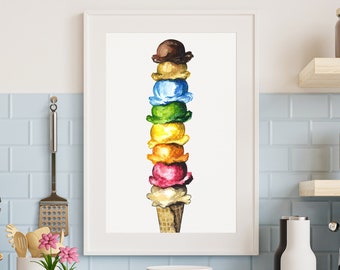 Ice Cream Cone Watercolor Print, Rainbow Ice Cream, Kitchen Decor, Home Artwork, Watercolor Artwork