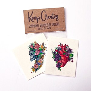 Floral Watercolor Temporary Tattoo Set: Skull & Heart (Pack of 2)