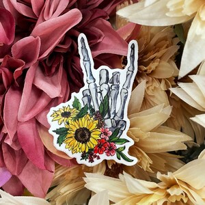Rock On Skeleton Hand Floral Sticker: Waterproof Die Cut Vinyl