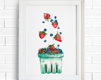 Berry Basket Watercolor Print | Blueberries and Strawberries Illustration, Kitchen and Garden Artwork, Food Painting