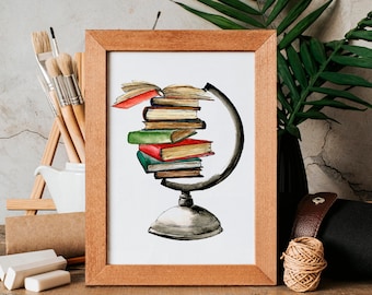 Book Globe Watercolor Print, Book Lover Bookshelf Decor, Home Artwork, Watercolor Sketch, Library Artwork, Bibliophile Gift