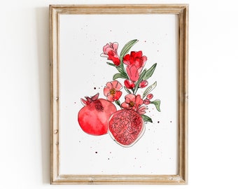 Abstract Pomegranate Watercolor Print | Pomegranate Illustration, Rosh Hashanah Artwork