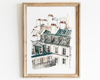 Paris Rooftops Watercolor Print: Travel Sketch Art