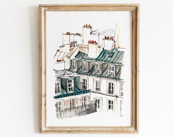 Paris Rooftops Watercolor Print | Travel Artwork, Paris Watercolor Sketch,, Wanderlust Art Print, Traveler gift