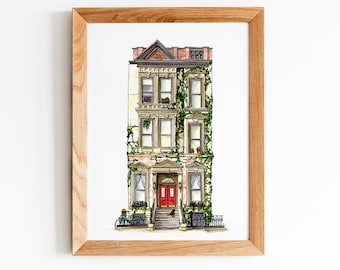 NYC Brownstone Watercolor Print: Summer Brooklyn Illustration