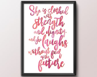She is Clothed with Strength Art Print | Proverbs 31:25, Inspirational Wall Art, Feminist Gift