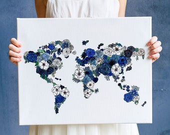 Blue Floral World Map Watercolor Print, Watercolor Sketch | Travel Artwork, Gift for Traveler, Floral Art Print