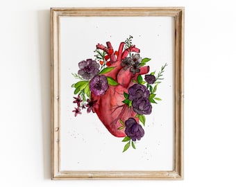 Anatomical Heart Floral Watercolor Print, Watercolor Sketch